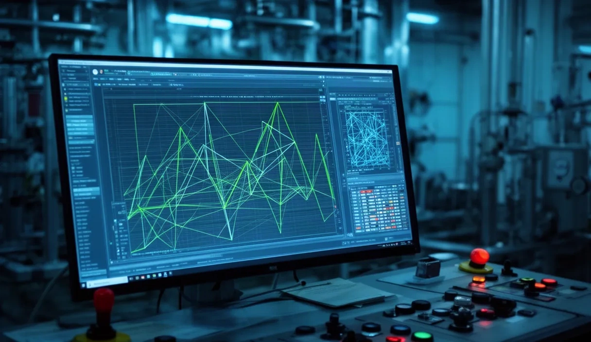 Control room for a water desalination plant displaying real-time system data on a monitor.