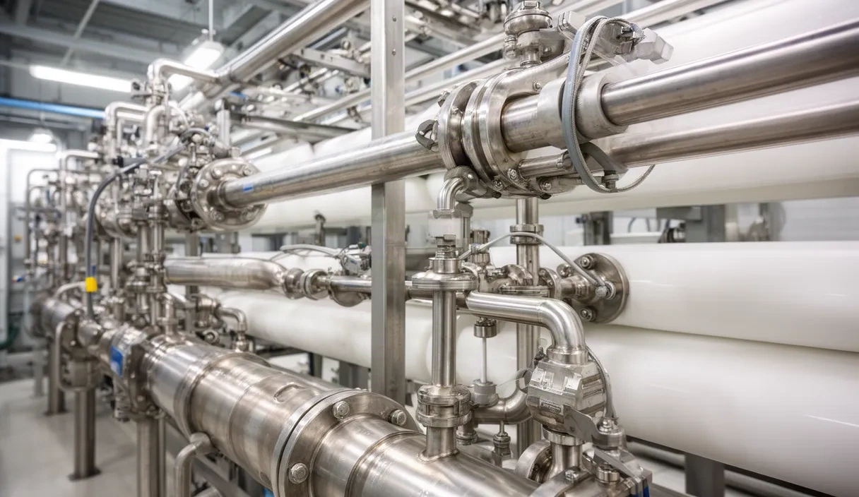 Close up of parallel reverse osmosis pressure vessels and stainless steel piping inside a desalination plant.