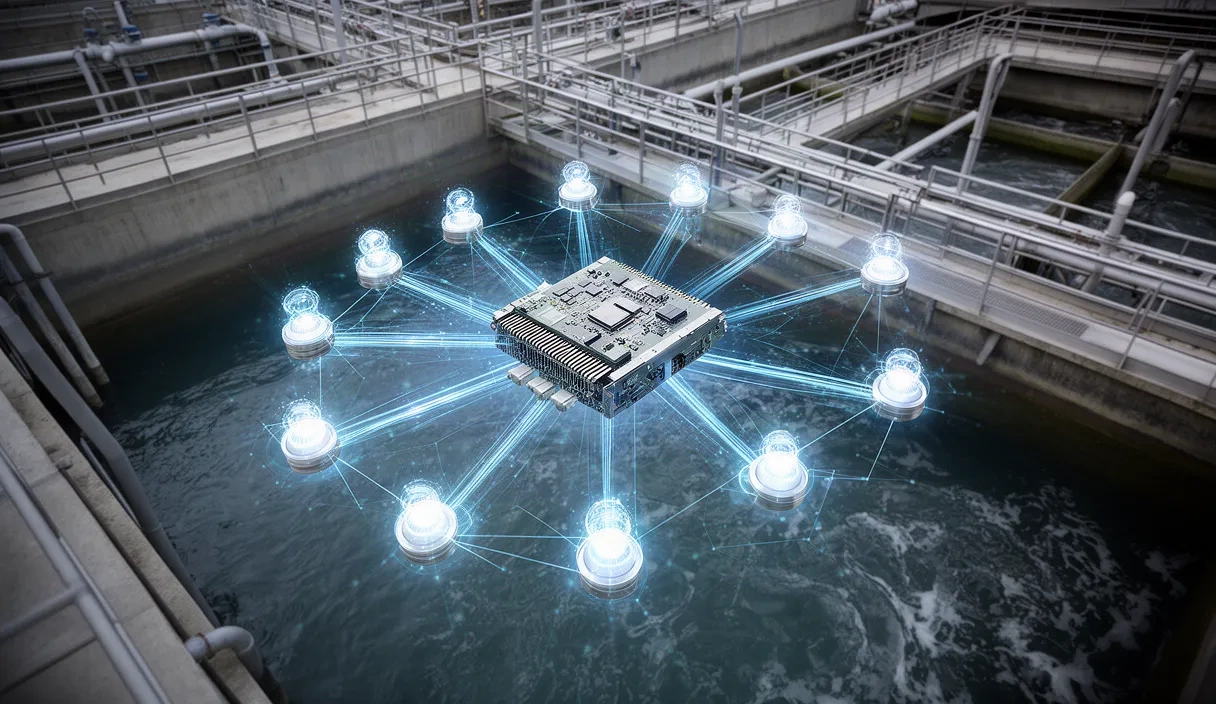 Conceptual diagram of AI optimization showing glowing sensor nodes connecting to a central processing unit above a water plant floor.