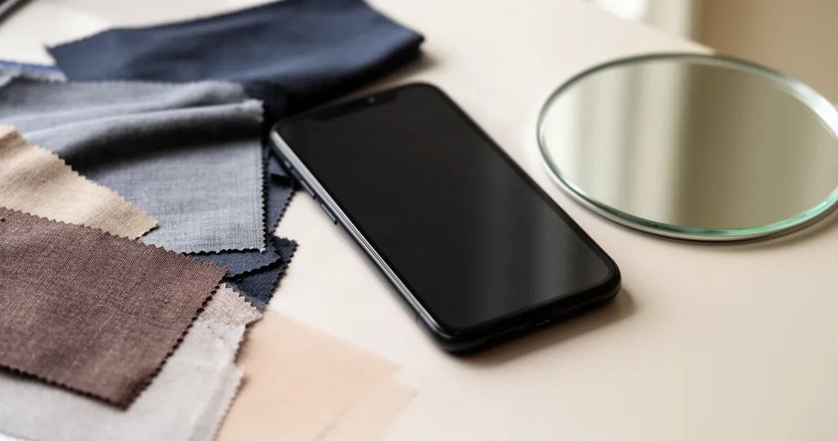 A modern smartphone displaying an AI-generated outfit preview next to fabric swatches and a reflective mirror, representing digital fashion visualization technology