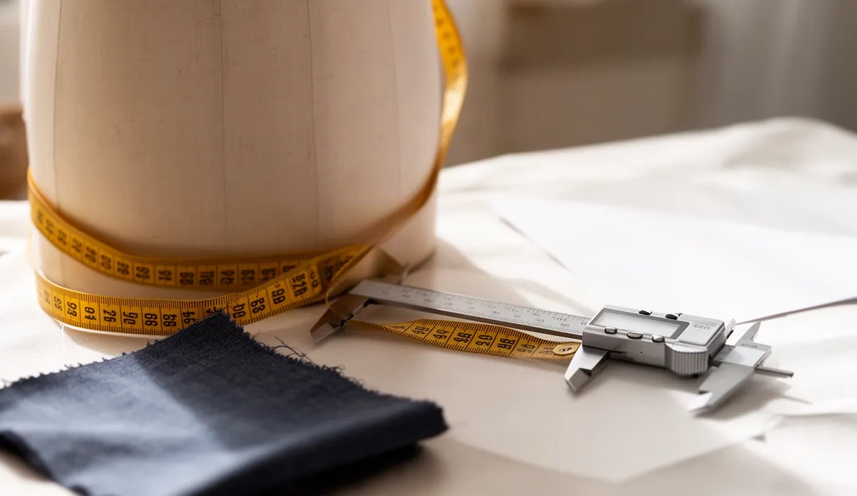 A dress form mannequin with a measuring tape, fabric sample, and precision calipers arranged on a neutral surface, illustrating the technical components of 3D clothing simulation