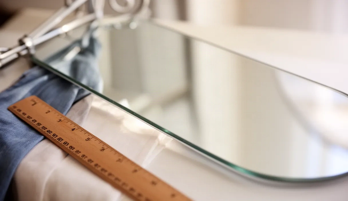 A clothing rack with garments positioned next to a mirror, a tablet device, and measuring ruler on a clean surface, showing the contrast between traditional fitting room tools and digital try-on technology