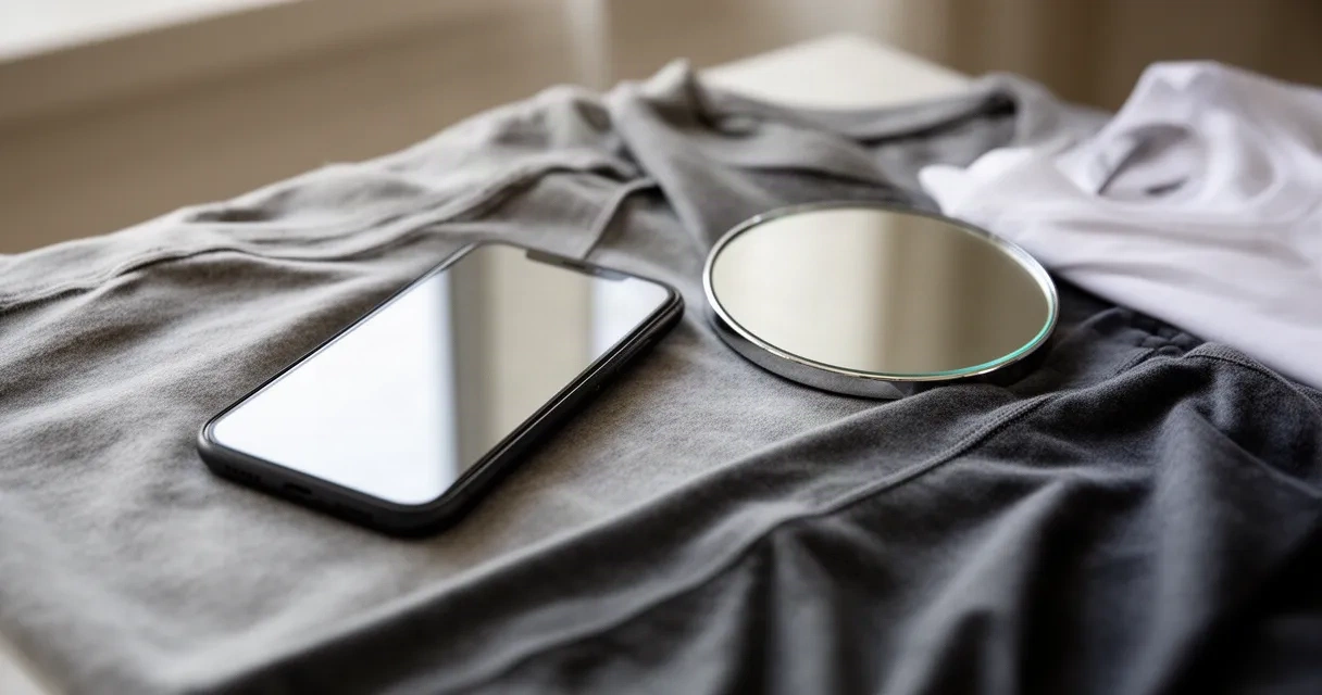 A diverse person viewing AI-generated outfit combinations on a smartphone next to physical clothing pieces and a mirror, showing before and after visualization of different styles