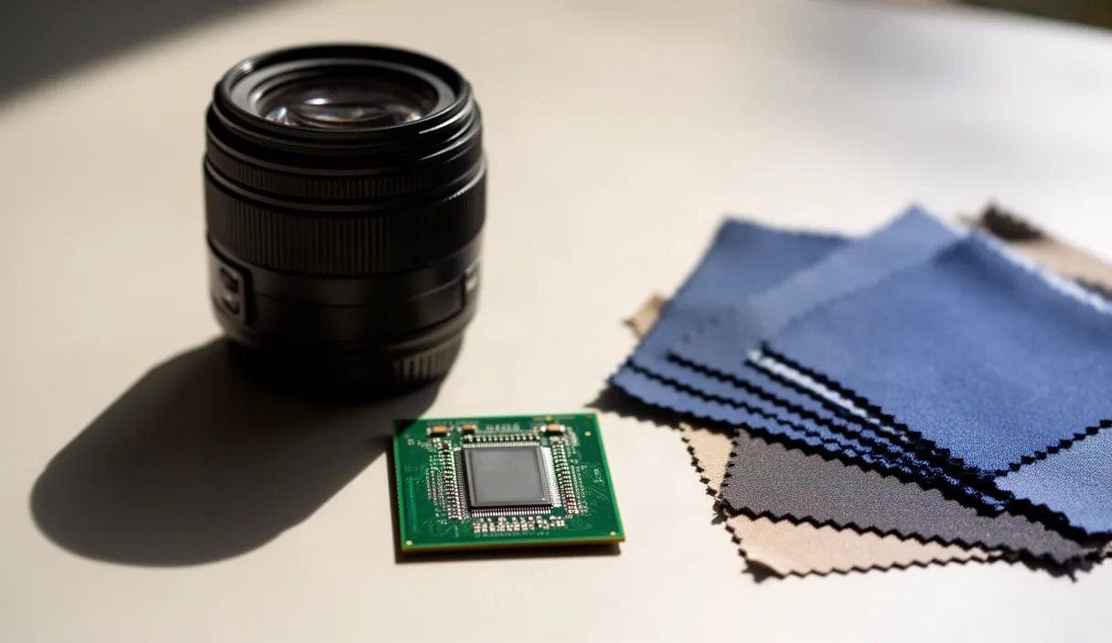Close-up of photography and computing components arranged with a fabric sample, representing the technology behind AI outfit visualization systems},{