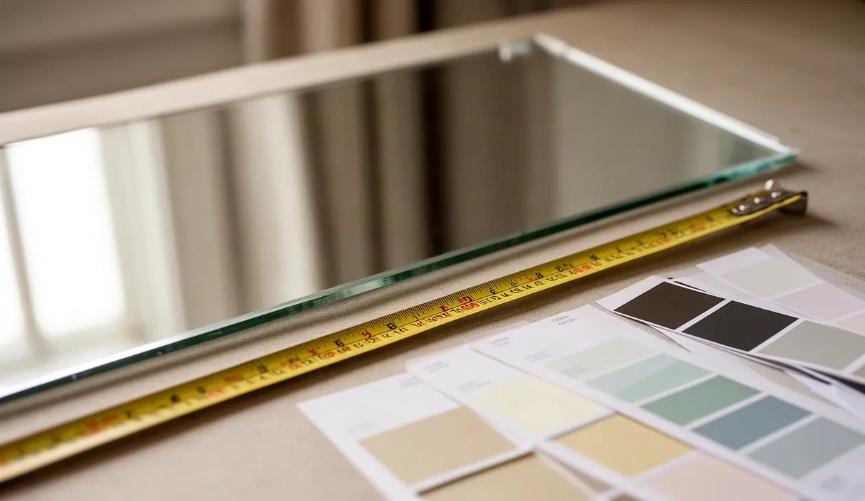 A mirror with measuring tape and coordinated color swatches arranged nearby, symbolizing the accuracy and confidence that comes from visualizing outfits before purchase
