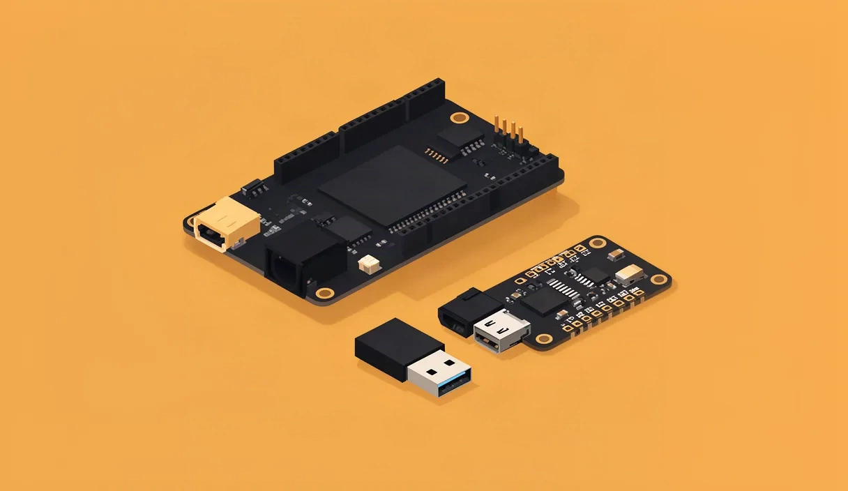 Flat vector illustration of a single-board computer with connected components representing CI/CD runner infrastructure