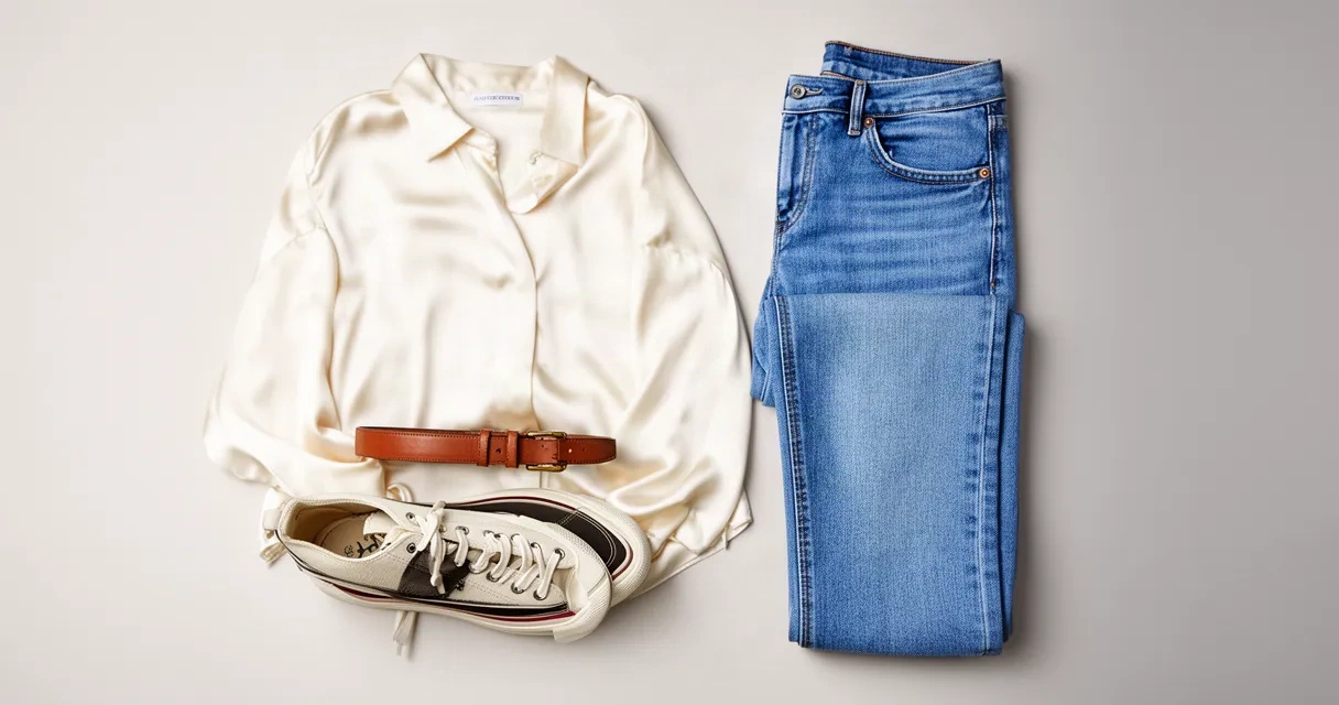 A flat lay arrangement of coordinated clothing items including a blouse, jeans, belt and sneakers on a neutral surface, ready to be combined into complete outfits