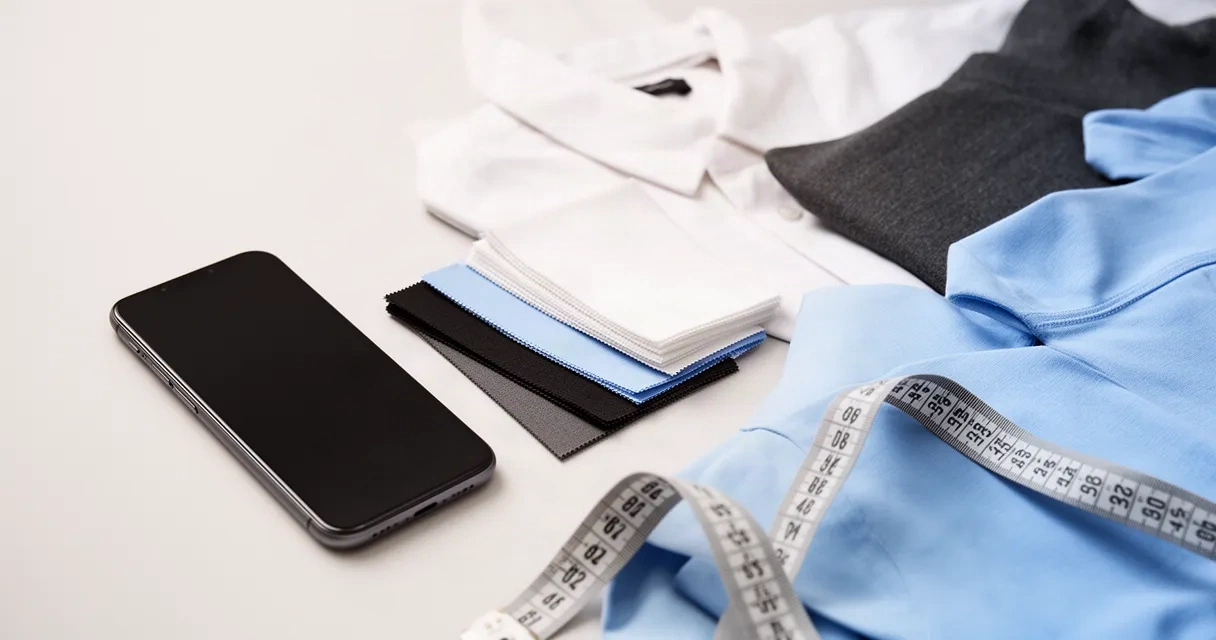 A curated arrangement of fashion items including fabric swatches, colorful clothing pieces, and a smartphone displaying virtual try-on technology, arranged on a neutral surface under soft studio lighting