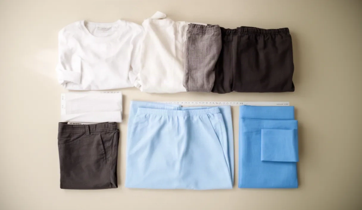Overhead view of neatly organized fashion items and fabric samples arranged in a grid pattern, showing the systematic approach to outfit visualization and sizing accuracy