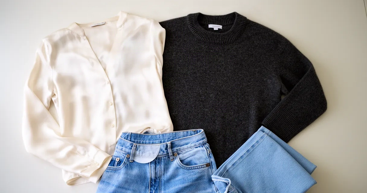 Flat lay of folded clothing items in neutral and vibrant colors arranged on a light surface, representing a curated wardrobe ready for virtual fitting room technology