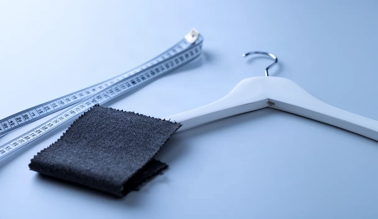 Arranged styling tools including a measuring tape, fabric samples, and color reference materials on a neutral workspace, representing the preparation and organization needed for e-commerce fashion implementation