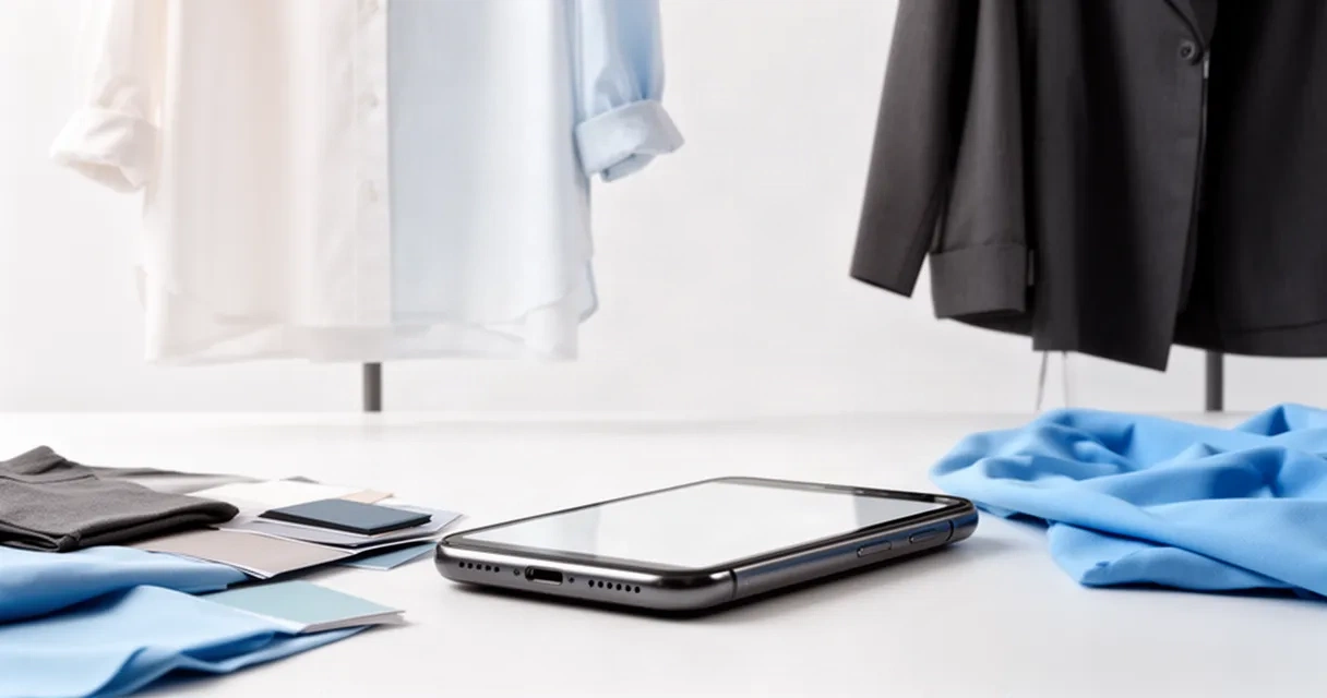 A modern workspace showing a smartphone displaying outfit visualization technology alongside carefully arranged fabric samples and clothing items, representing the intersection of digital fashion and physical garments