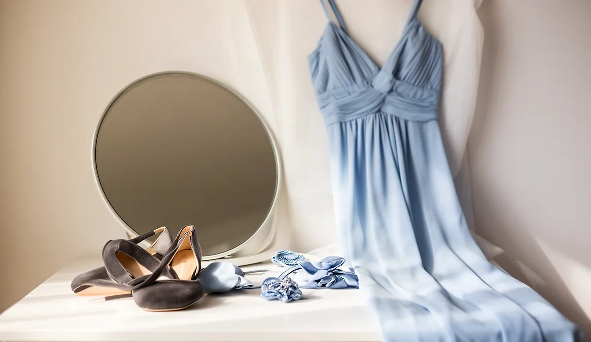 A flat lay arrangement of a dress, shoes, and accessories arranged on a light surface next to a mirror, showcasing clothing items ready for virtual fitting room visualization