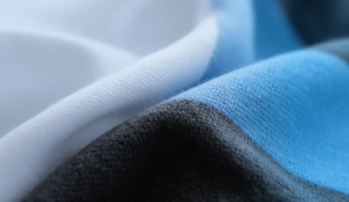 An extreme close-up of layered fabrics with thread and needle, highlighting the textile quality and craftsmanship that supports sustainable fashion decisions made through virtual fitting technology