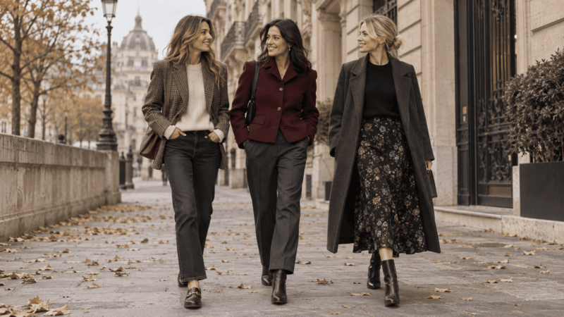 three women with autumn outfits