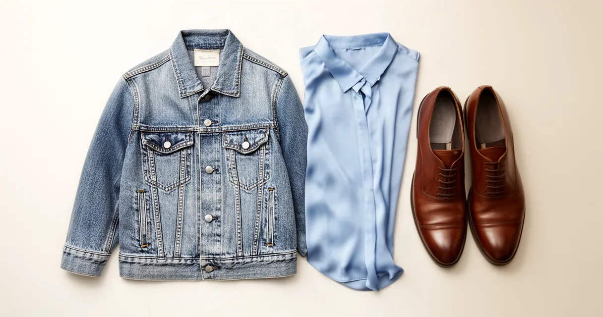A carefully arranged collection of clothing items including a denim jacket, silk blouse, cotton trousers, and leather shoes displayed on a neutral surface, representing the clothing pieces users can virtually try on.