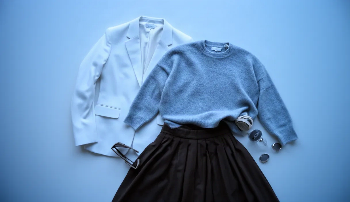An overhead view of a carefully curated wardrobe collection including a blazer, sweater, skirt, and various accessories arranged to show the diversity of clothing pieces available for creating outfit combinations.