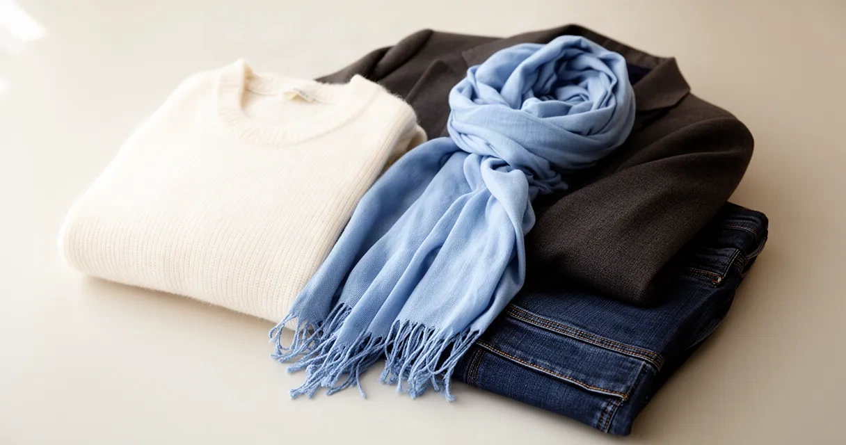 A carefully arranged collection of clothing items including a folded sweater, draped scarf, tailored blazer, and denim jeans displayed on a neutral surface, representing a curated wardrobe.