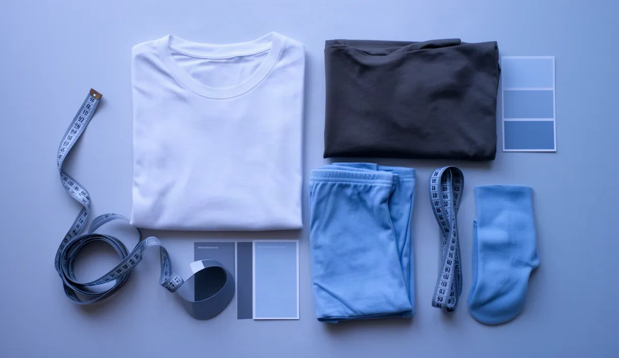 A top-down view of organized clothing items, accessories, color swatches, and a measurement tape arranged systematically on a flat surface, showing a complete wardrobe selection.