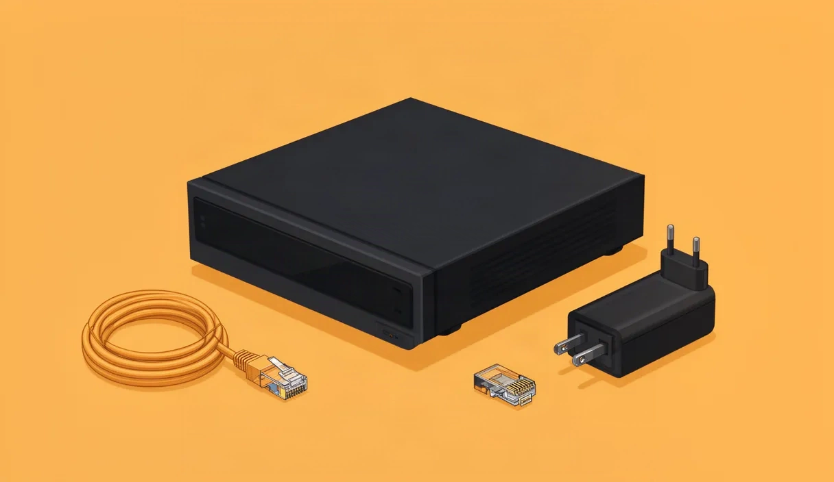 Flat vector illustration of a compact home server with ethernet and power cables arranged on a minimal surface, representing lightweight self-hosted deployment infrastructure