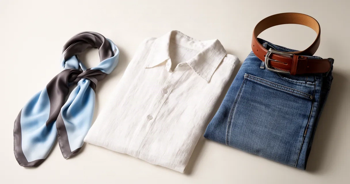 An arranged flat lay of coordinated clothing items including a folded silk scarf, linen shirt, denim jeans, and leather belt on a neutral surface, representing a curated wardrobe ready for digital try-on.