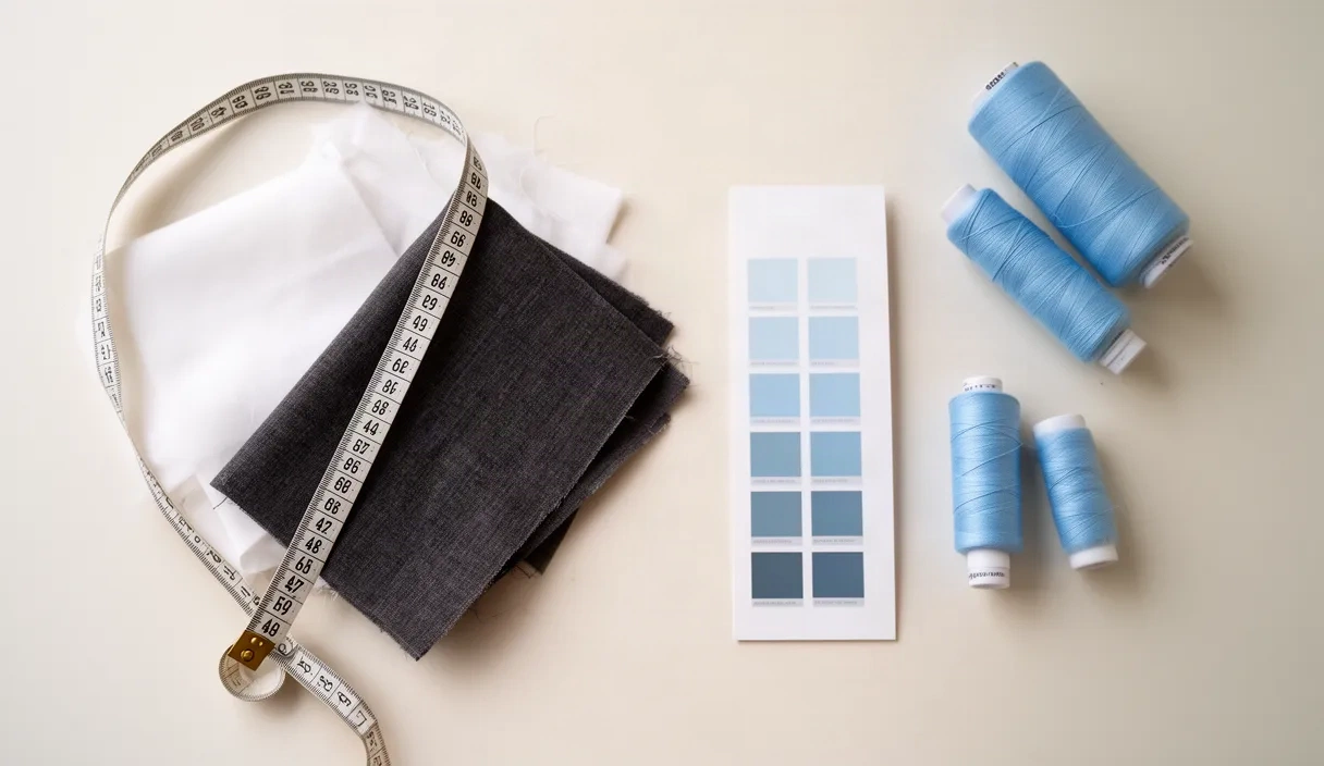 Overhead view of fashion design materials including fabric swatches in various textures, a measuring tape, color palette strips, and thread spools arranged on a work surface, symbolizing the analysis and measurement of virtual fitting room success.