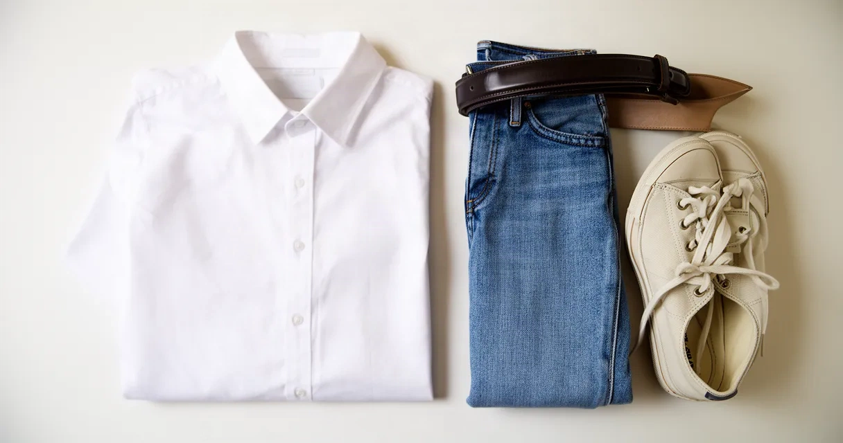 Flat lay of coordinated clothing items including a white shirt, dark denim jeans, leather belt, and canvas sneakers arranged on a light background, ready for outfit combination.