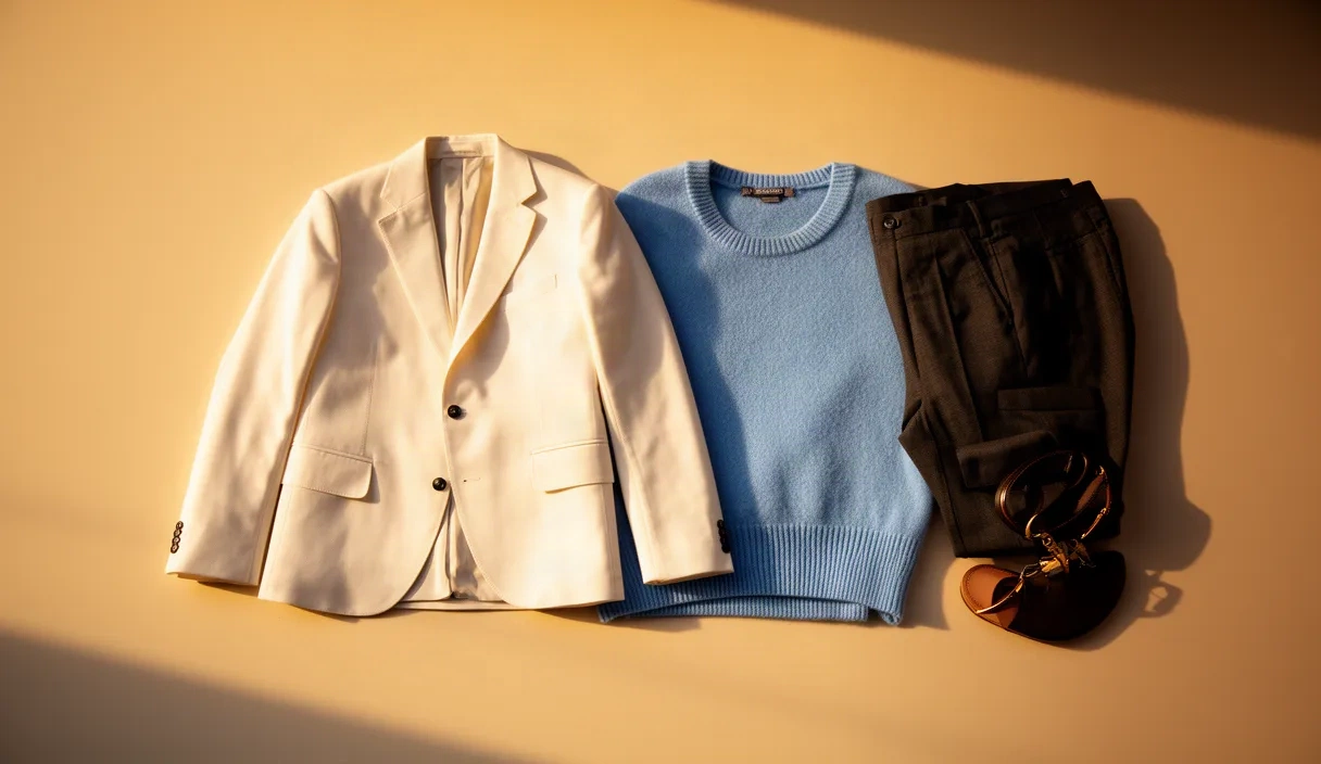 Still life of carefully selected wardrobe essentials including a blazer, dress pants, cashmere sweater, and accessories arranged on a neutral surface.