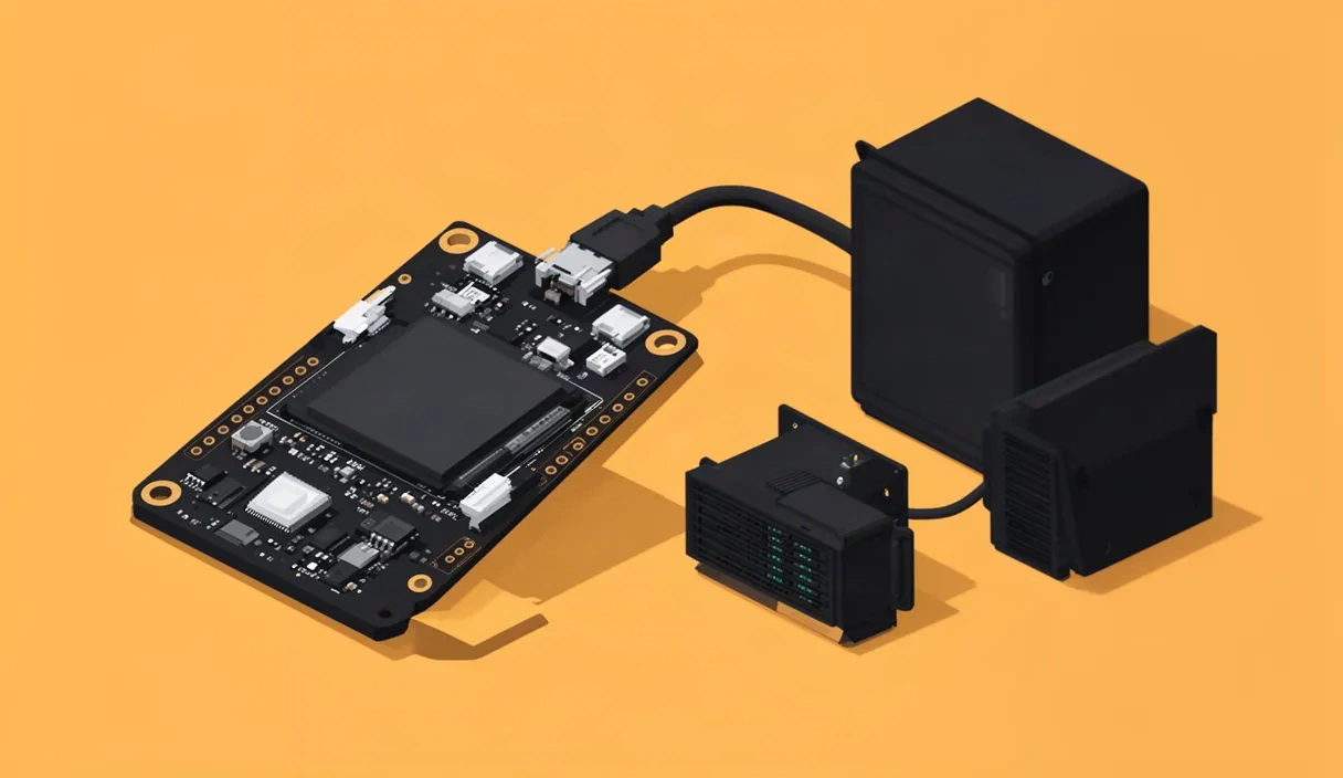 Flat vector illustration of home server components and single-board computers arranged on a surface with connecting network cables