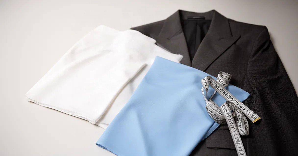 A curated arrangement of clothing materials and fashion items arranged on a clean white surface, representing the digital transformation of fashion retail