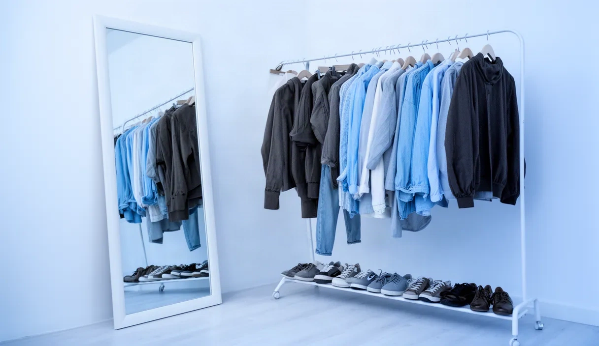 A minimal retail environment showing traditional fitting room elements alongside modern digital fashion technology components