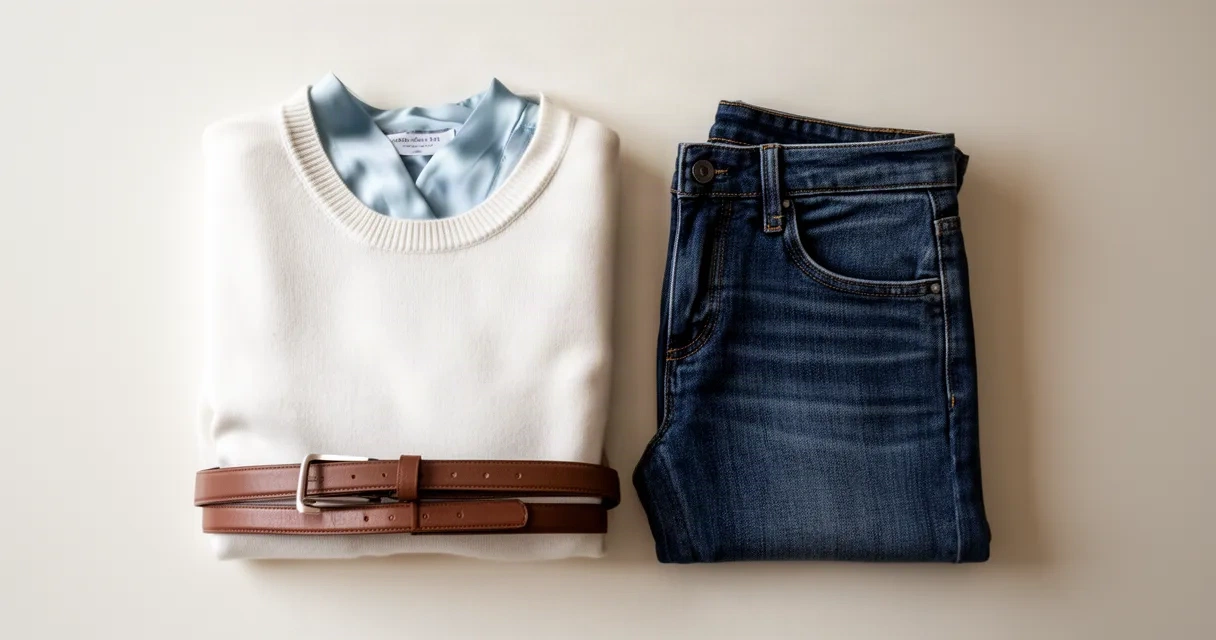 Overhead view of neatly arranged clothing items including a folded sweater, silk blouse, denim jeans, and leather belt on a neutral surface, representing a curated wardrobe ready for styling.