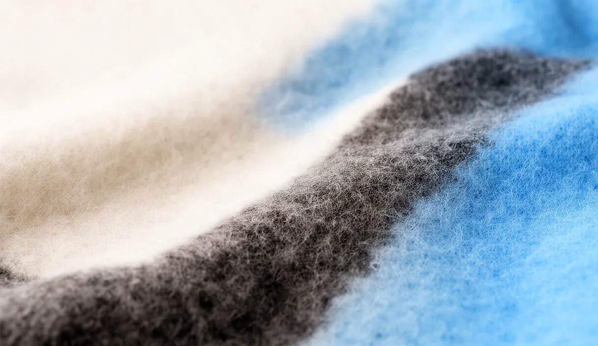 Close-up photograph of various fabric textures and garment components including wool fabric, cotton thread, a button, and zipper detail, showcasing the quality of clothing materials.