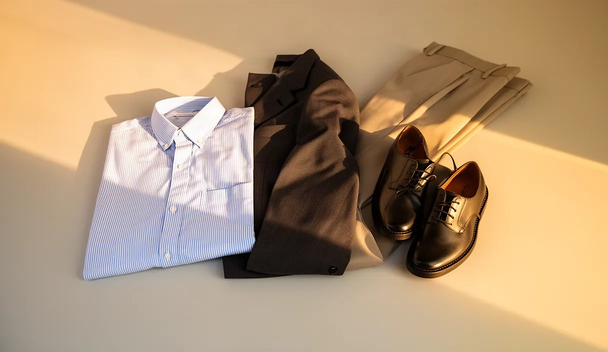 Still life arrangement of coordinated clothing items including a striped shirt, tailored jacket, neutral trousers, and dress shoes artfully displayed to show outfit combination possibilities.
