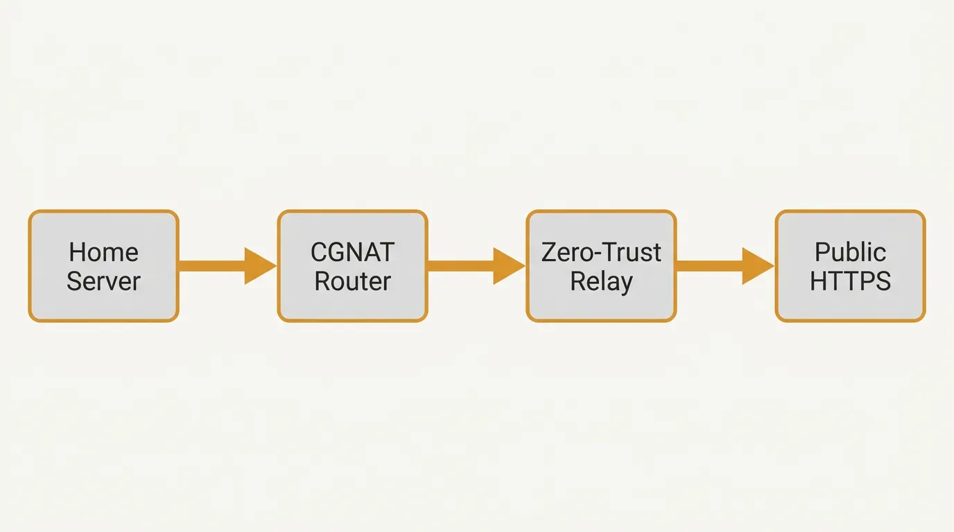 A network diagram illustrating a home server or Raspberry Pi behind CGNAT connecting through a zero-trust relay to enable public HTTPS access.