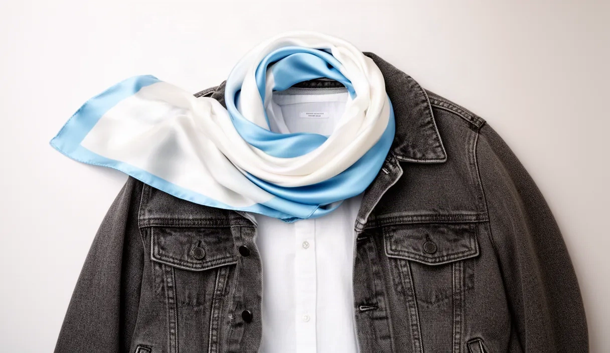 A top-down view of neatly folded clothing items like a silk scarf, denim jacket, and cotton shirt, organized on a smooth surface.