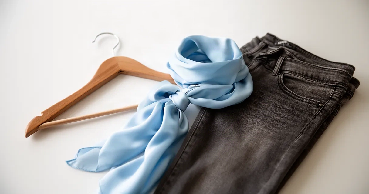 A wooden hanger with a silk scarf draped over it and a pair of denim jeans folded neatly.