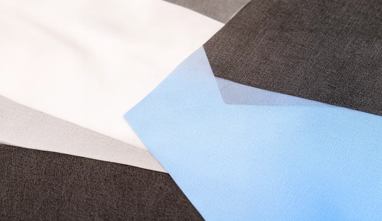 A close-up abstract view of various fabric textures including knitted wool, linen, and cotton.