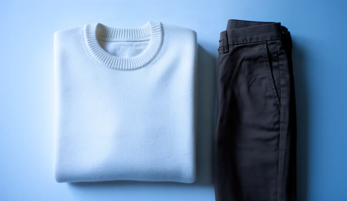 A top-down view of neatly folded clothing items including a sweater, a stack of t-shirts, and a pair of trousers.