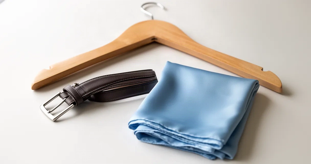A neatly folded silk scarf, a brown leather belt, and a wooden hanger arranged on a light surface.