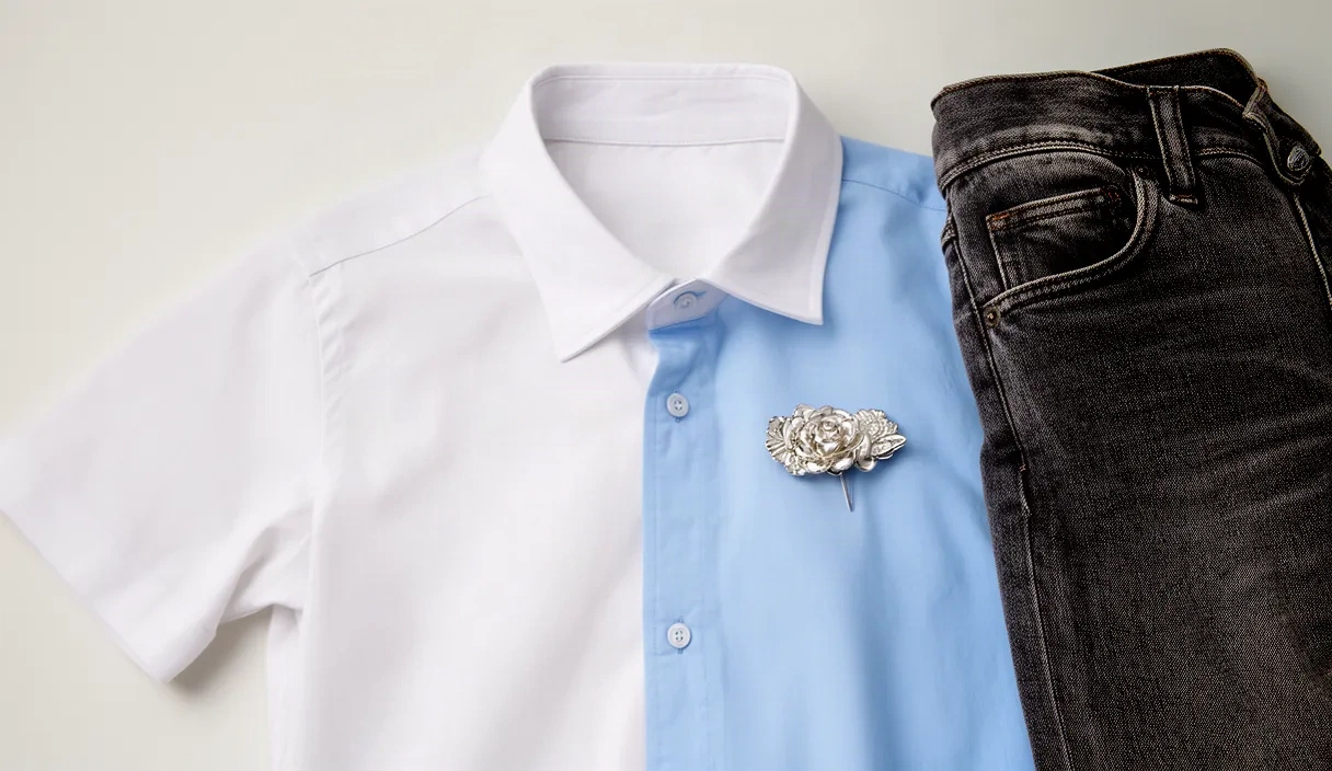 A light blue cotton shirt, dark denim jeans, and a silver brooch laid flat on a neutral background, viewed from above.