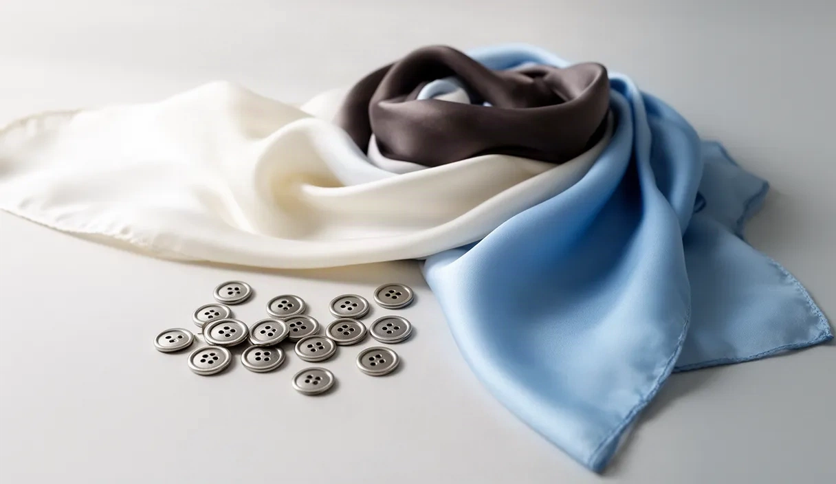 A still life arrangement featuring a flowing silk scarf and a few scattered metal buttons, illuminated by natural daylight.