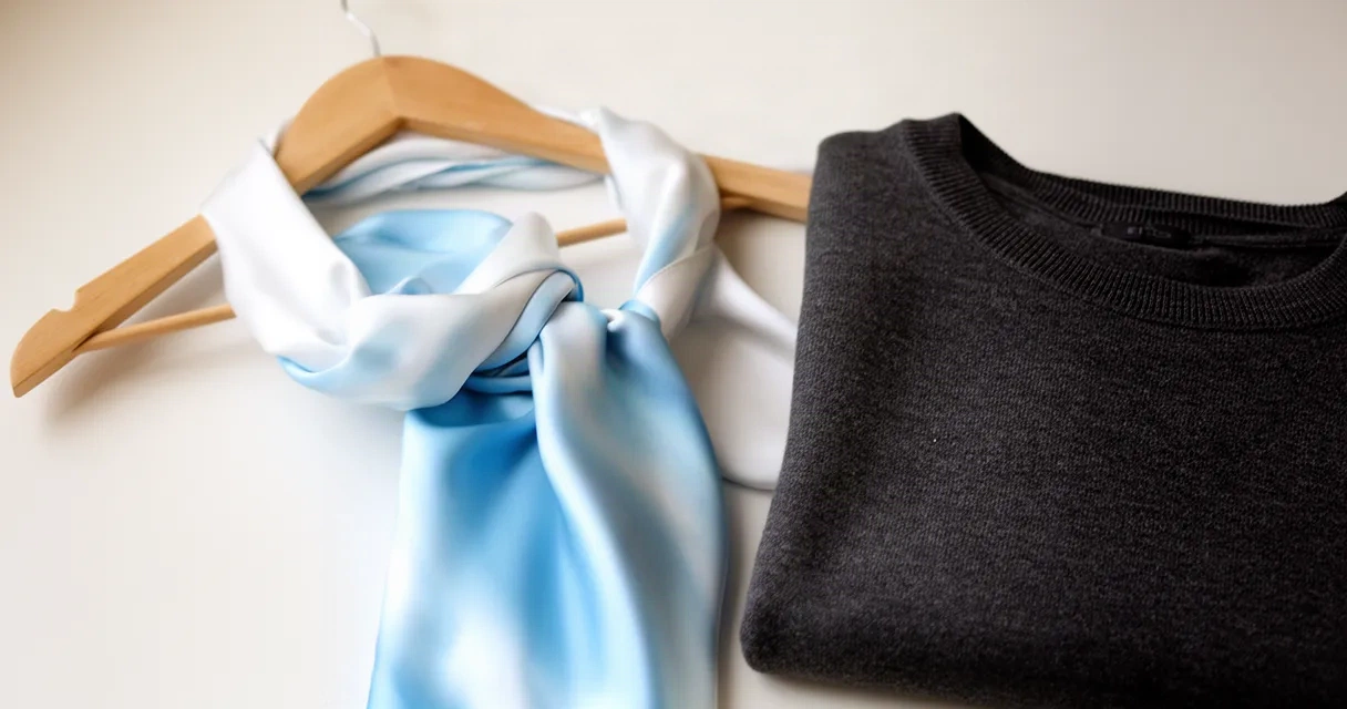 A neatly folded silk scarf rests next to a wooden hanger, with a soft sweater in the background, all bathed in natural daylight.