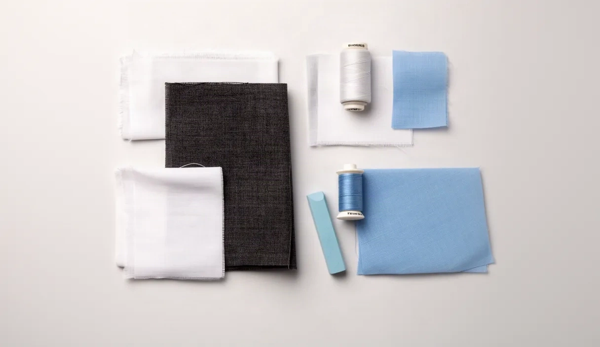 A top-down view of various fabric swatches arranged neatly, with a small spool of thread and tailor's chalk, suggesting organization and curation.