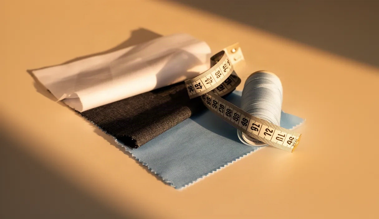 A still life arrangement of traditional tailoring tools, symbolizing the history of custom clothing.