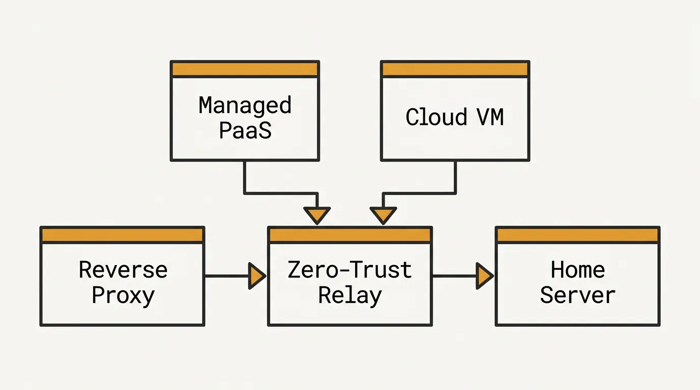 A comparison diagram showing three deployment models: Managed PaaS, Reverse Proxy Self-Hosting, and Zero-Trust Relay, with their respective infrastructure components like Cloud VMs and Home Servers.
