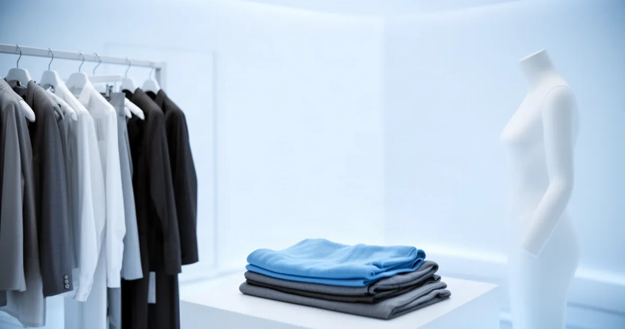 A modern clothing rack stands in a softly lit room with a neatly folded textile on a nearby surface and a minimalist mannequin.