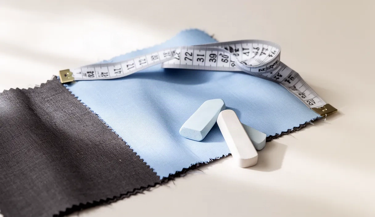 A fabric swatch, measuring tape, and tailor's chalk are arranged on a light surface, illuminated by natural daylight.