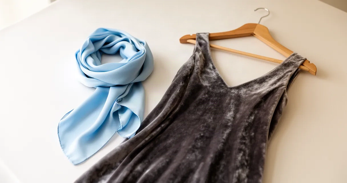 A silk scarf draped over a velvet dress on a wooden hanger.