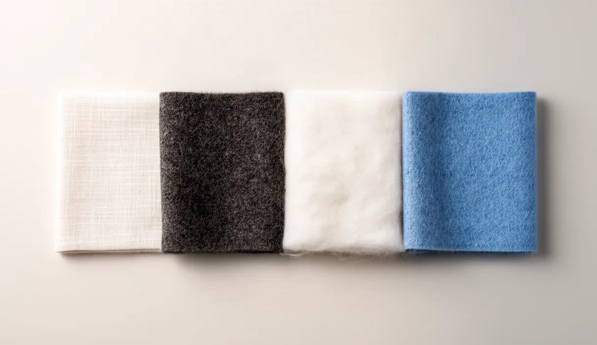 A top-down view of various fabric swatches arranged neatly on a flat surface, including linen, denim, cotton, and wool.